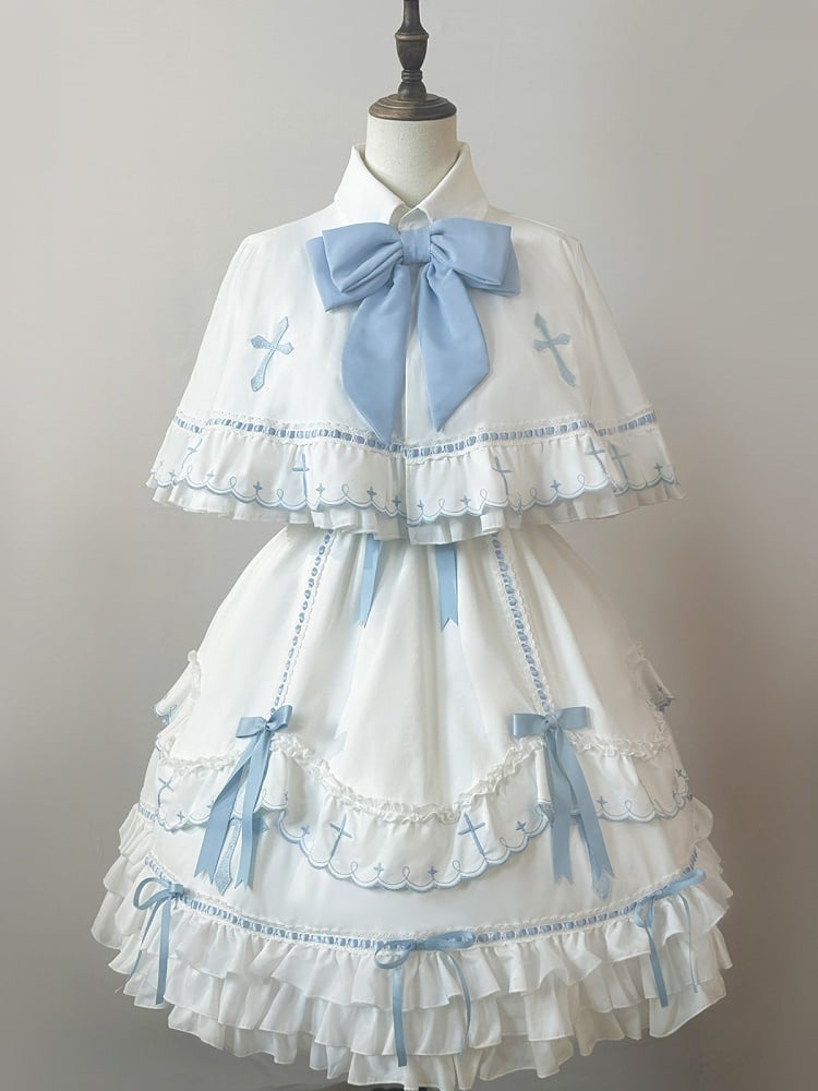 Short Sleeve Sweet Lolita OP with Bow Accent & Ruffle Details in Blue & White - MUYU
