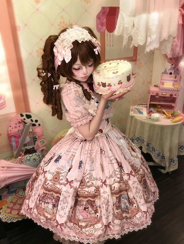 Rose Alice in Wonderland Theme Print Polka-dot Collar Sweet Gown - Forest Fairy Tales