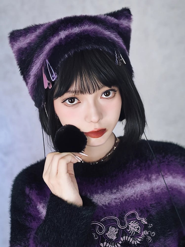 Pom-Poms Cat Gradient Stripes Purple Cheongsam Mink Beanie with Faux Ear Gothic