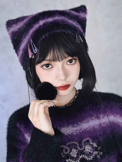 Pom-Poms Cat Gradient Stripes Purple Cheongsam Mink Beanie with Faux Ear Gothic