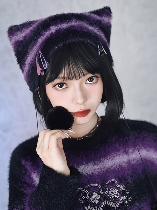 Pom-Poms Cat Gradient Stripes Purple Cheongsam Mink Beanie with Faux Ear Gothic