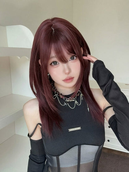 Wine Red 63cm Long Straight Full Bang Wig - Alice Garden