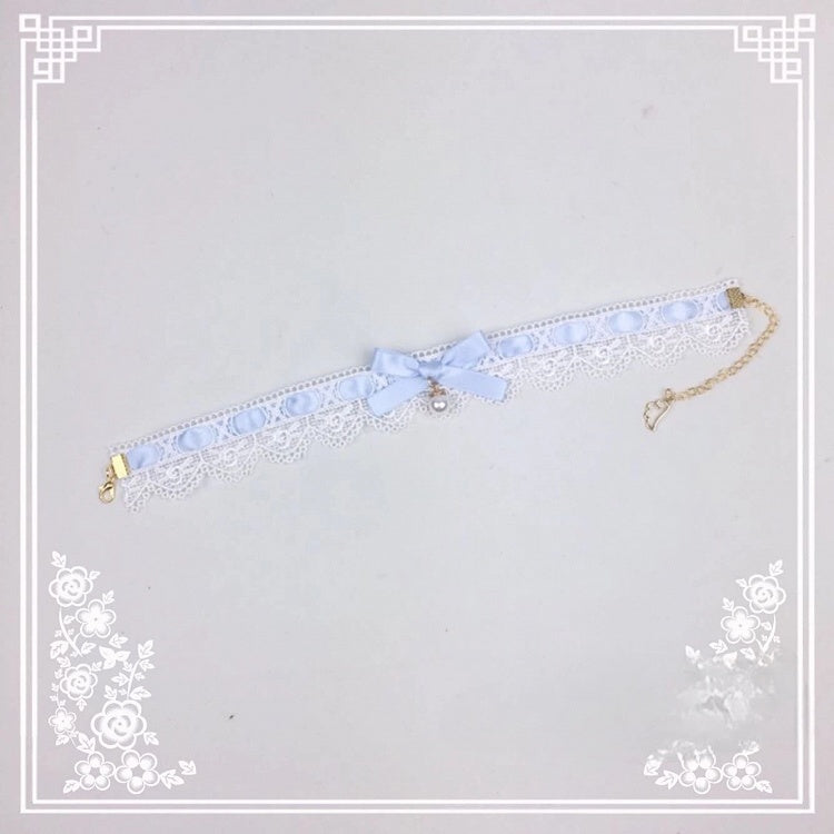 Bow Blue Choker Pearl Lace Light