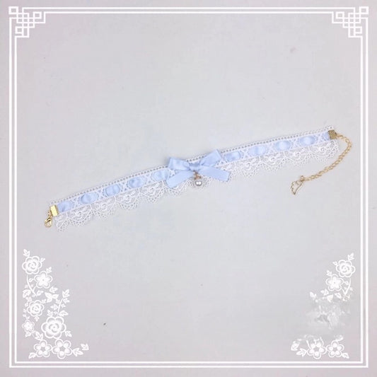 Bow Blue Choker Pearl Lace Light