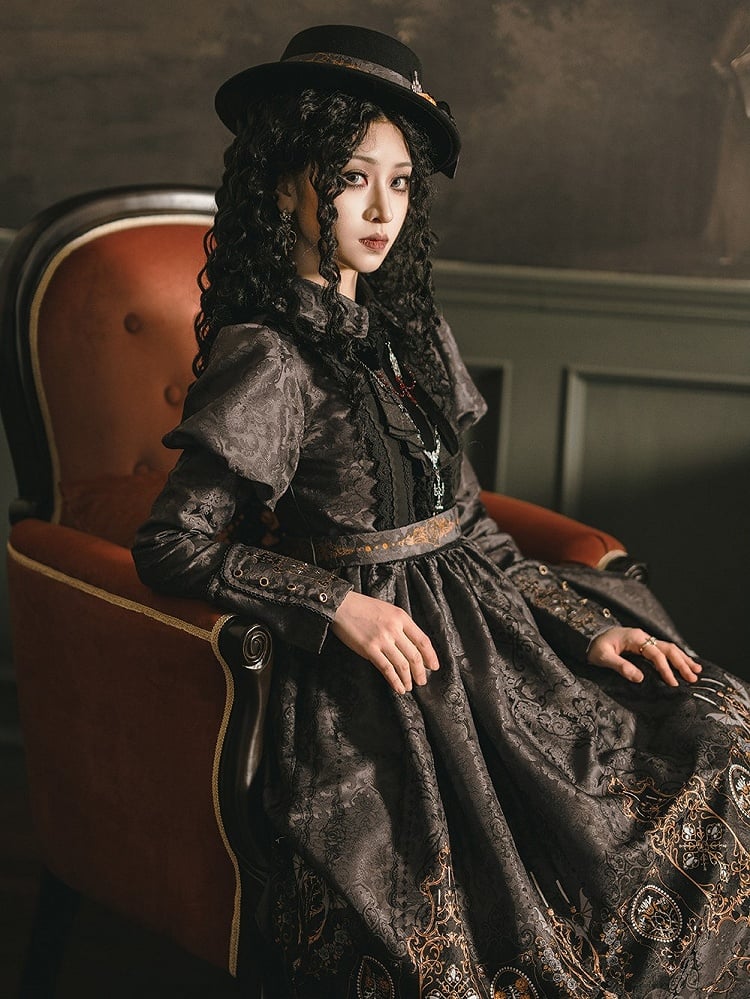 Lolita with Bat Juliette Wings Candelabras Sleeves Print Gray Dress Gothic