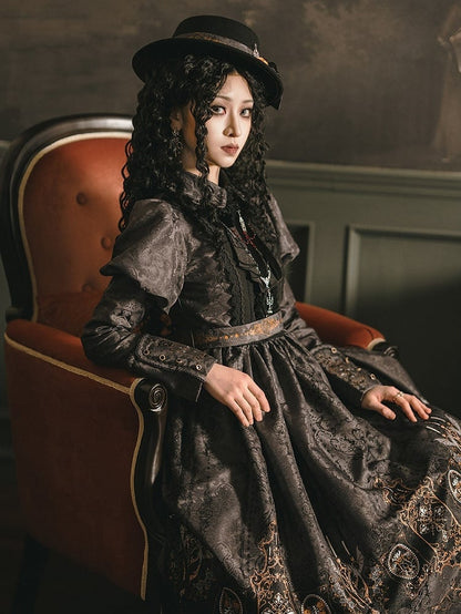 Lolita with Bat Juliette Wings Candelabras Sleeves Print Gray Dress Gothic