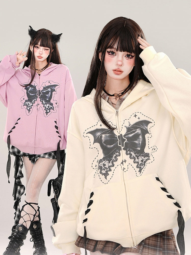 Apricot/Pink Bat Wings Bow Print Zip Hoodie