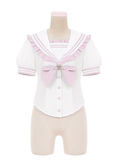 Pink Bow Accent Sailor Collar Light Lolita Blouse Ruffled Sweet
