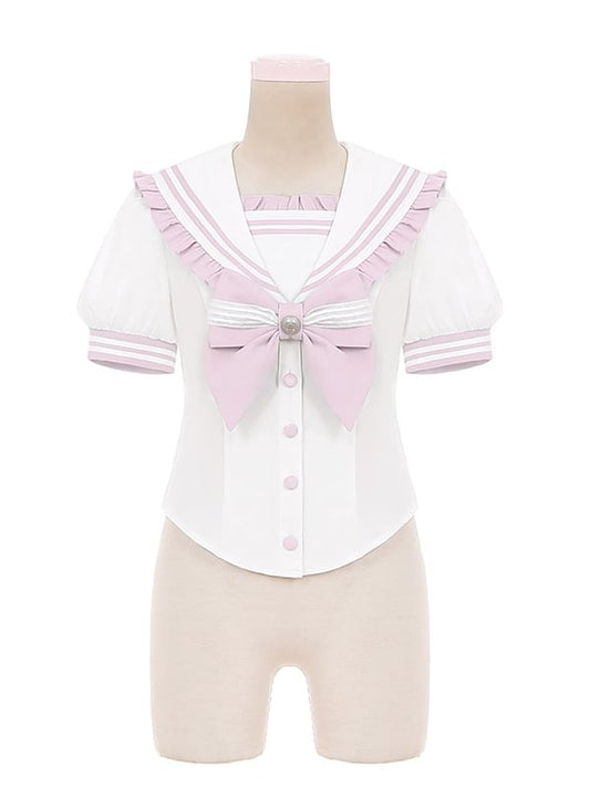 Pink Bow Accent Sailor Collar Light Lolita Blouse Ruffled Sweet
