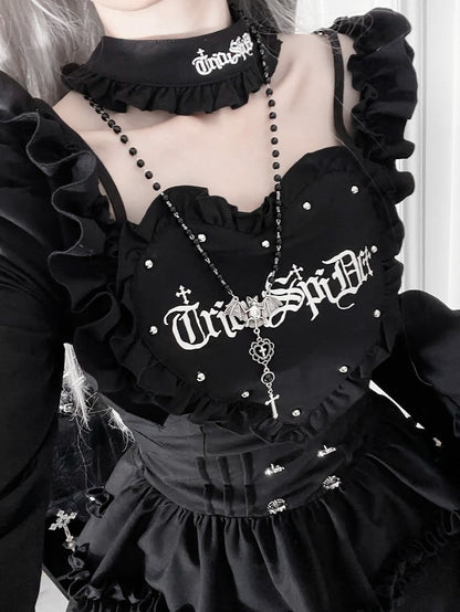 Gothic Neckline Sleeves Off-the-shoulder Dress Print Black Bell Letter
