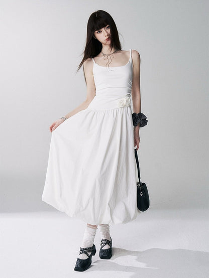 Spaghetti Strap Bubble Dress with 3D Roses in Beige - Lady Ghost