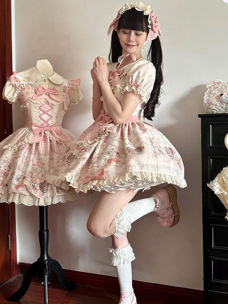 Puff Sleeve OP Dress with Pink Bunny Cake Print & Apron Style - Rose Weaving Poetry
