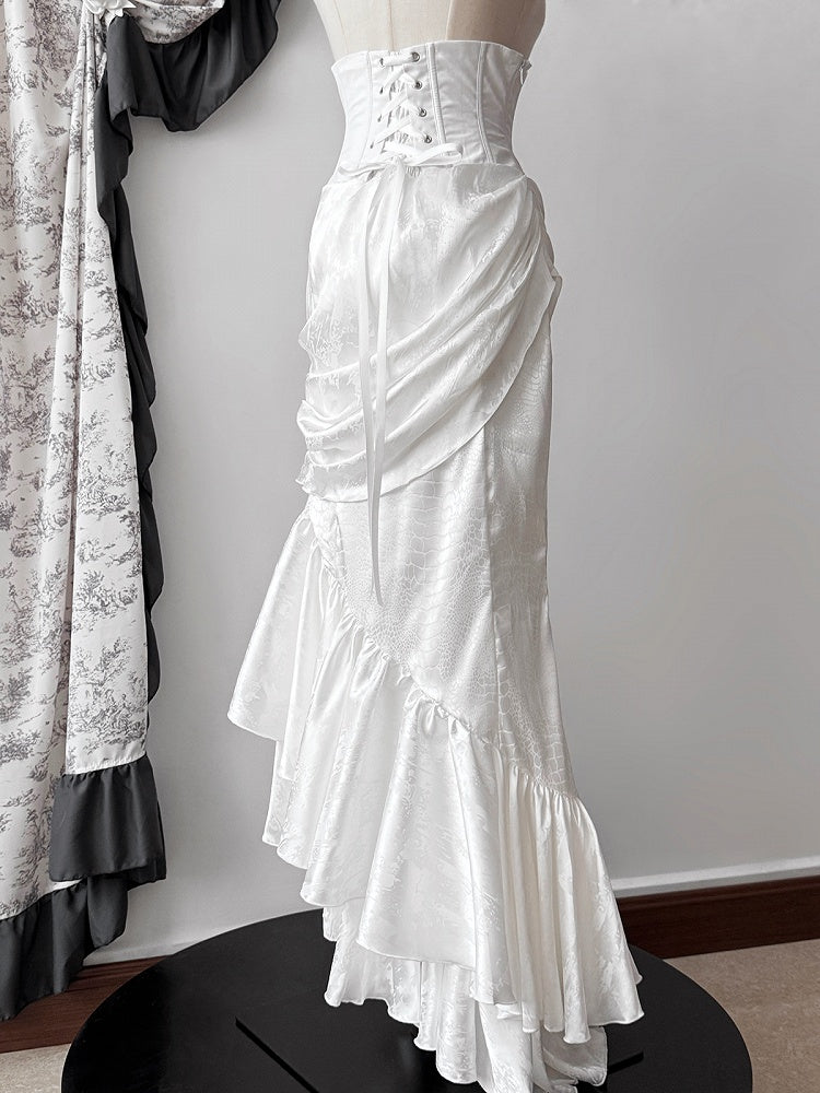 Rock Kaskadieren Asymmetrische Gothic Weiß Hohe Korsett Taille Meerjungfrau Saum Lolita Volant Entbeint