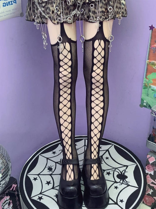 Cut-out Rock Black/Red/White Suspender Punk Design Stockings