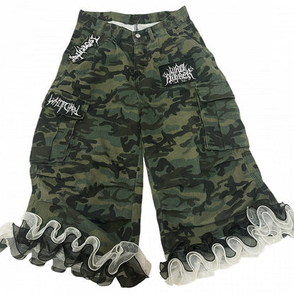 with Cargo Flounce Y2K Cuffs Capris Camouflage Denim