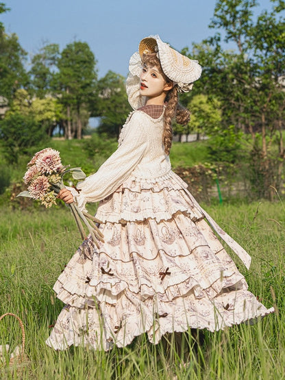 Beige & Brown Floral Print Tiered Ruffles Elegant Classic Lolita Dress + Crochet Lace Lolita Cardigan Set