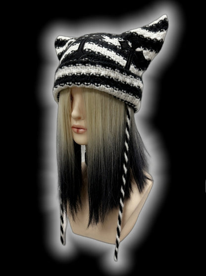 Black and White Cross Appliques Cat Ears Striped Beanie