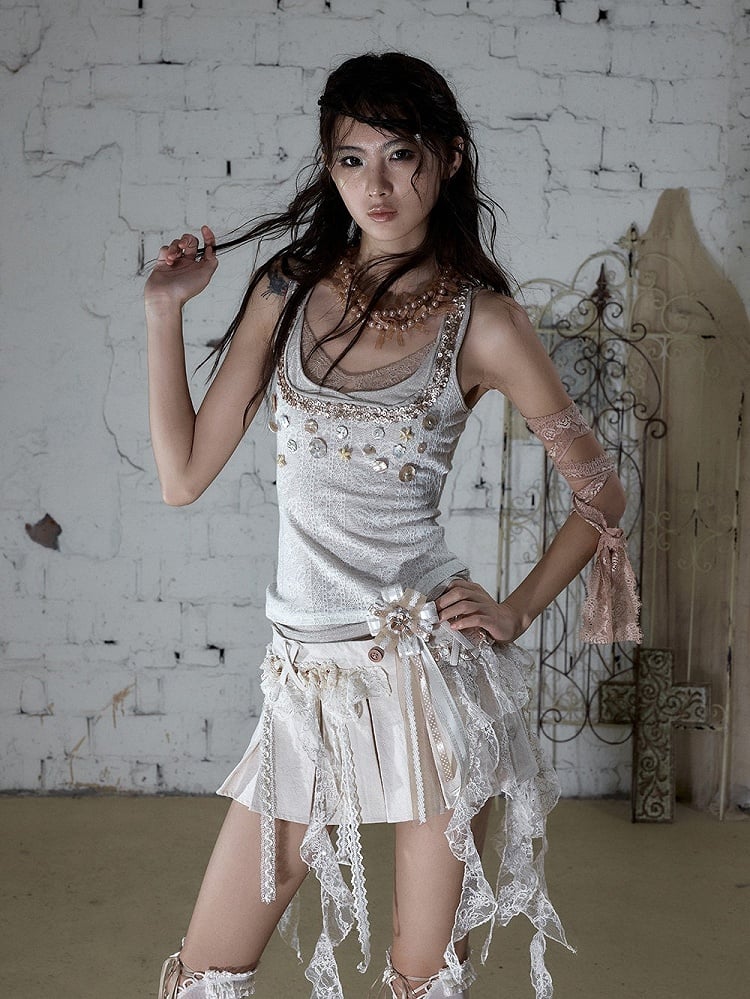 Off-White Fake Three-Piece Knit Cami Top with Shell Buttons - NO ROMANCE