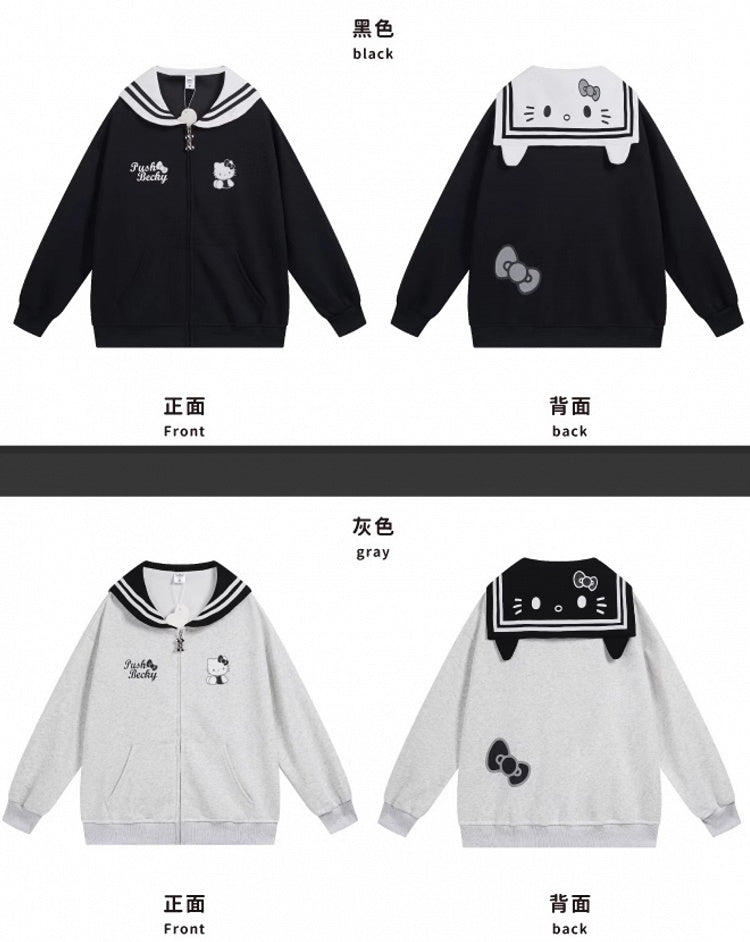ピンク/ライトブルー/グレー/ブラック キティプリント セーラーカラー ジップ開閉 厚手スウェットシャツ