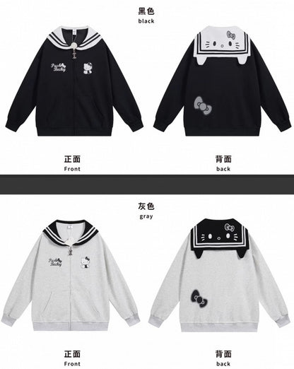 ピンク/ライトブルー/グレー/ブラック キティプリント セーラーカラー ジップ開閉 厚手スウェットシャツ