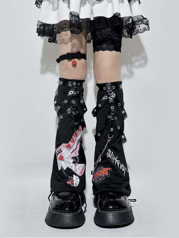 黒の漫画風チェーンストラップレッグウォーマー