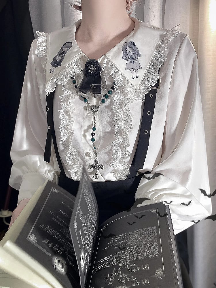 Weißes Ouji Lolita Doll Langarmhemd mit flachem Kragen
