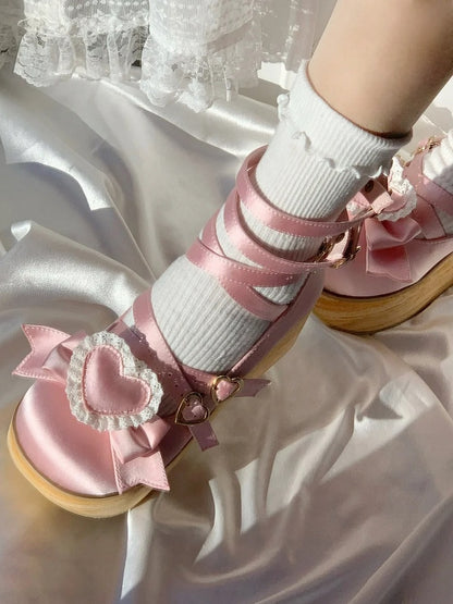Mary Detachable Platform Lolita Sweet Satin 6.5cm Woodgrain with Sole Bow Pink Janes - Heart