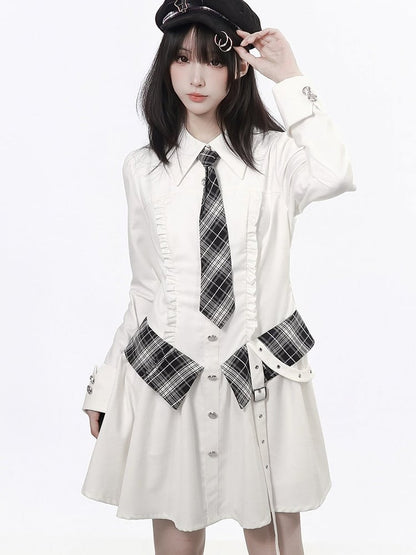 Ruffle Accent White Long Sleeve Preppy Dress with Plaid Tie & Shirt Collar - PINK SAVIOR
