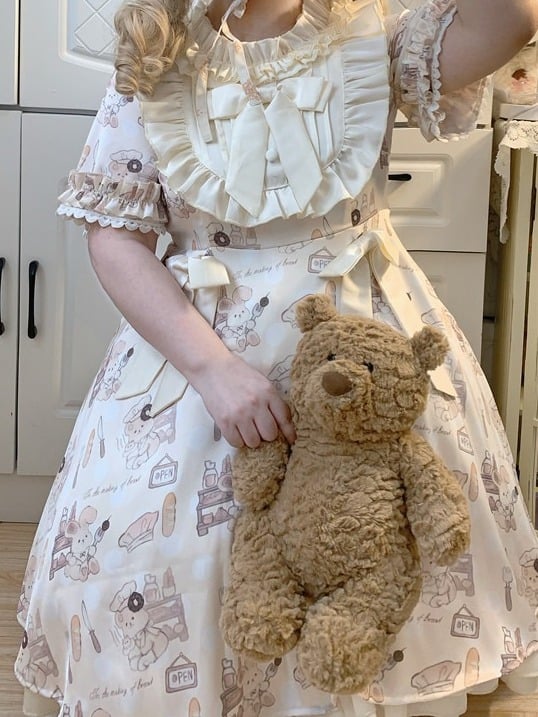 Light Yellow Bow Print Plus-Size OP Dress with Bear Motif - Versatile girl