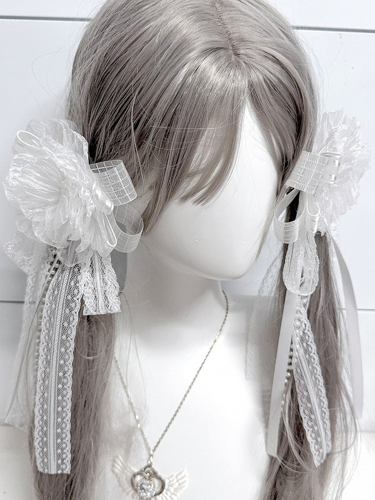 Bowknot with Charm White/Black Design Floral Beaded Hairclip/Brooch