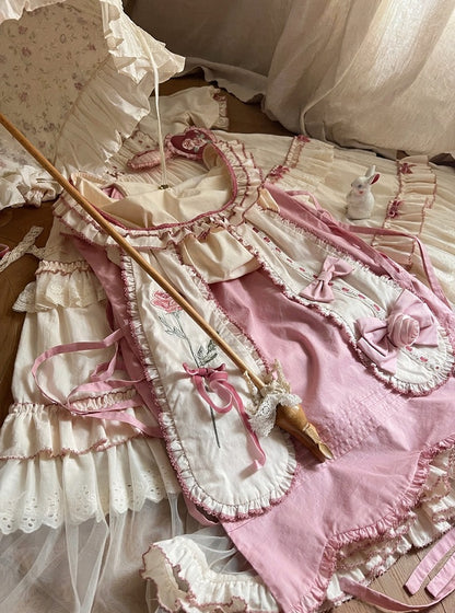 Rose Rosette Embroidered Sweet Lolita Bunny Ear Hooded Overdress with Heart Patches - Bodhi Original Design