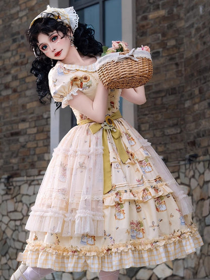 Sweet Bunny Yellow with and Sunflower Puff Lolita Overlay Dress Plaid Hem Sleeves Print