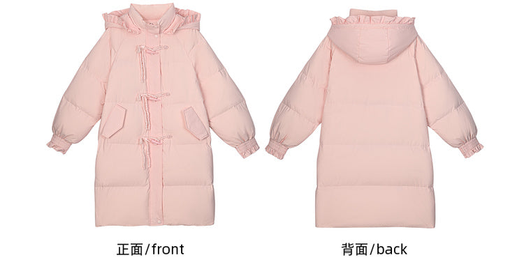 Rosa Daunenmantel mit Kapuze, Schleife und Horn-Knopf