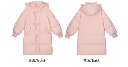 Rosa Daunenmantel mit Kapuze, Schleife und Horn-Knopf