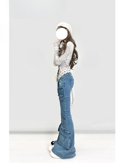Y2K Vintage Hellblaue Low Waist Flared Denim Glamouröse Jeans mit Cargotaschen