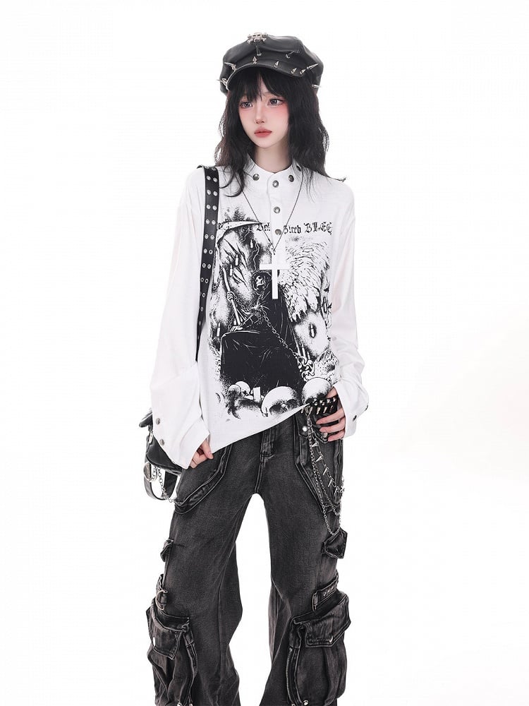 Dark Kawaii White Long-Sleeve Top with Skull Angel Print & Metal Button Details - KNOW8 Online Shop