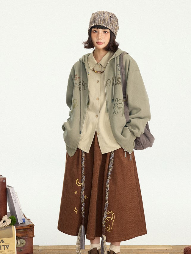 Dusty Hoodie - Two-way Kawaii Zip Placket Letter Hood Drawstring Print Green