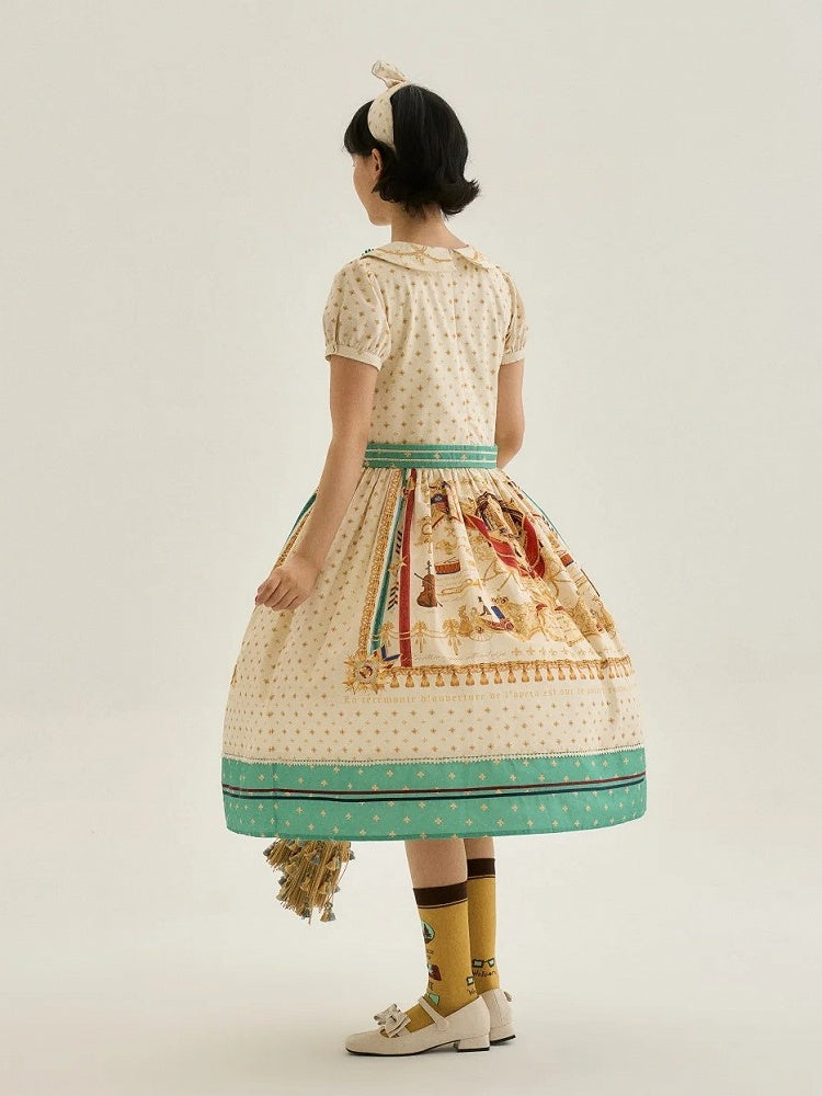 Long White Musical Print Peter Pan Collar OP Dress with Tassels - Crucis Universal Tailor Company