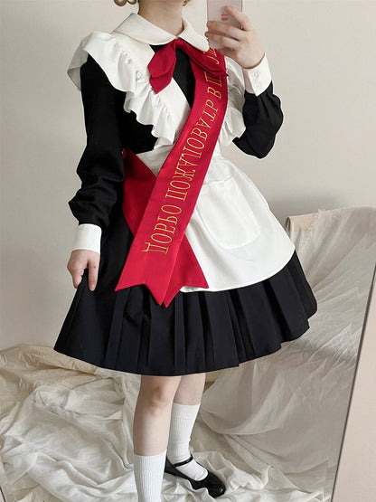 Red Black Bow Full Pleated Embroidered Maid Tie Ribbon with Sleeves Set + Lolita Apron Long Dress
