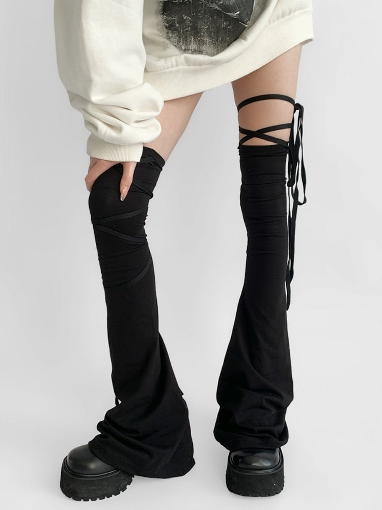 Flared Black Strap Design Warmers Leg