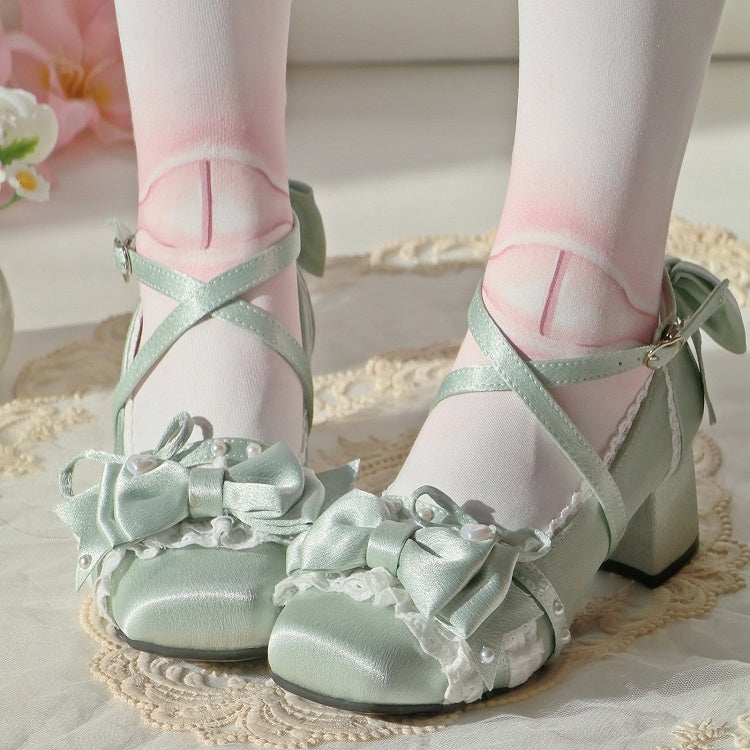 Elegant Green with Heart Snap Mid Detailing Closures Satin Light Heels Bow Lace Lolita in