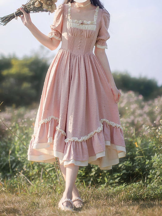 Puffausschnitt Pink Cottagecore mit quadratischen Ärmeln Kurzes Kleid Sommer und