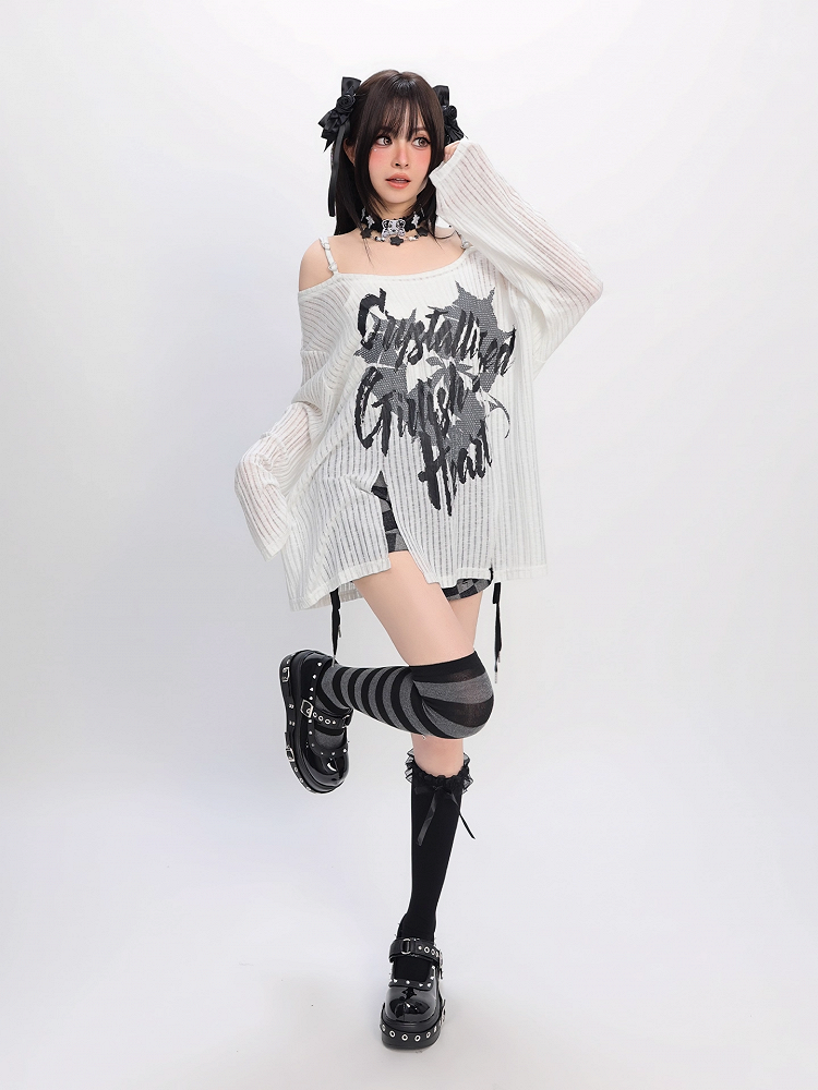 Y2K Schlitz Schwarz/Weiß Off-the-Shoulder Grafik Saum Ausschnitt Coverup