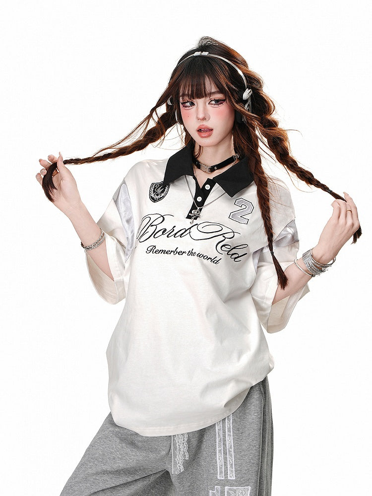 Schwarz/weißes Sport-T-Shirt im Preppy-Stil mit Polokragen