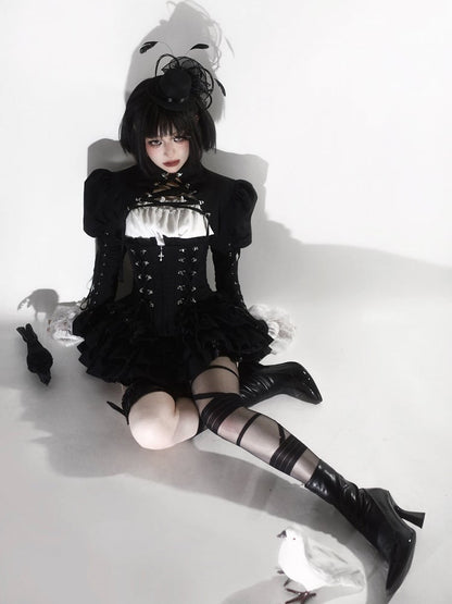 Lace-Up Boned Corset with Ruffle Details in Black - Moonveil Manuscript