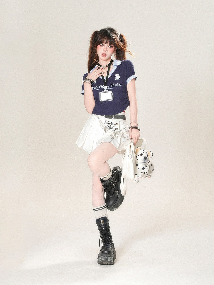 Tag Two-Piece Blue with Tee - Faux Cropped Name Preppy Dark Complimentary