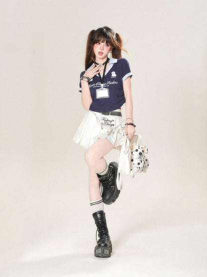 Tag Two-Piece Blue with Tee - Faux Cropped Name Preppy Dark Complimentary