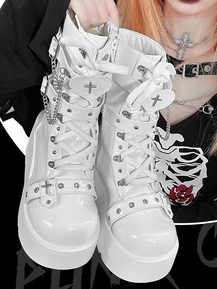 Punk Polished Motifs Platform Heart PU - Cross Boots White