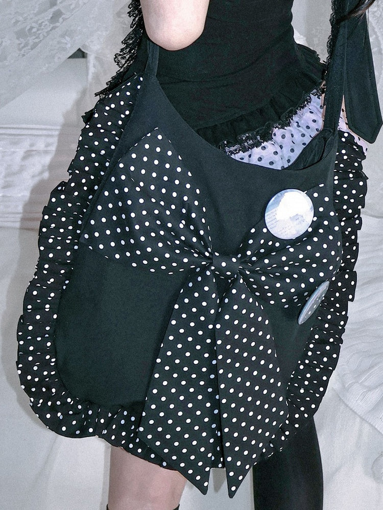 Multiple White Polka Oversized Bow Kawaii Black Pockets Crossbody Dot Bag with
