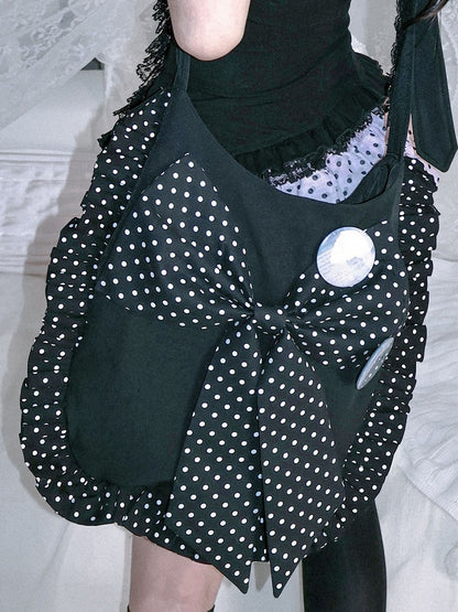 Multiple White Polka Oversized Bow Kawaii Black Pockets Crossbody Dot Bag with